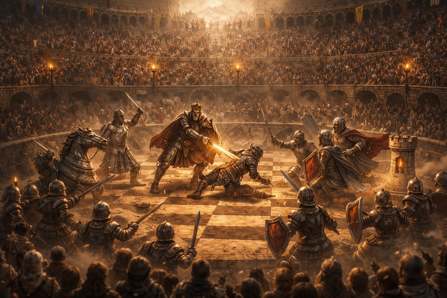 Chess Arena 360 — Knights battle on a chessboard arena